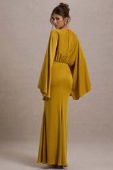 Zuzanna | Mustard Draped Maxi Dress With Cape Sleeves